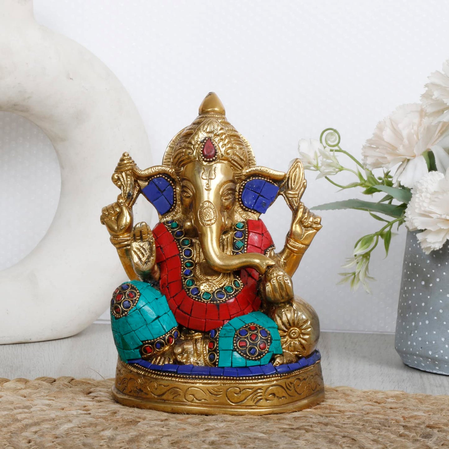Brass Ganesh Sitting Ganesha Idol In Multicolor for Puja Home Decor Height 6.5 Inch - SvarupArt