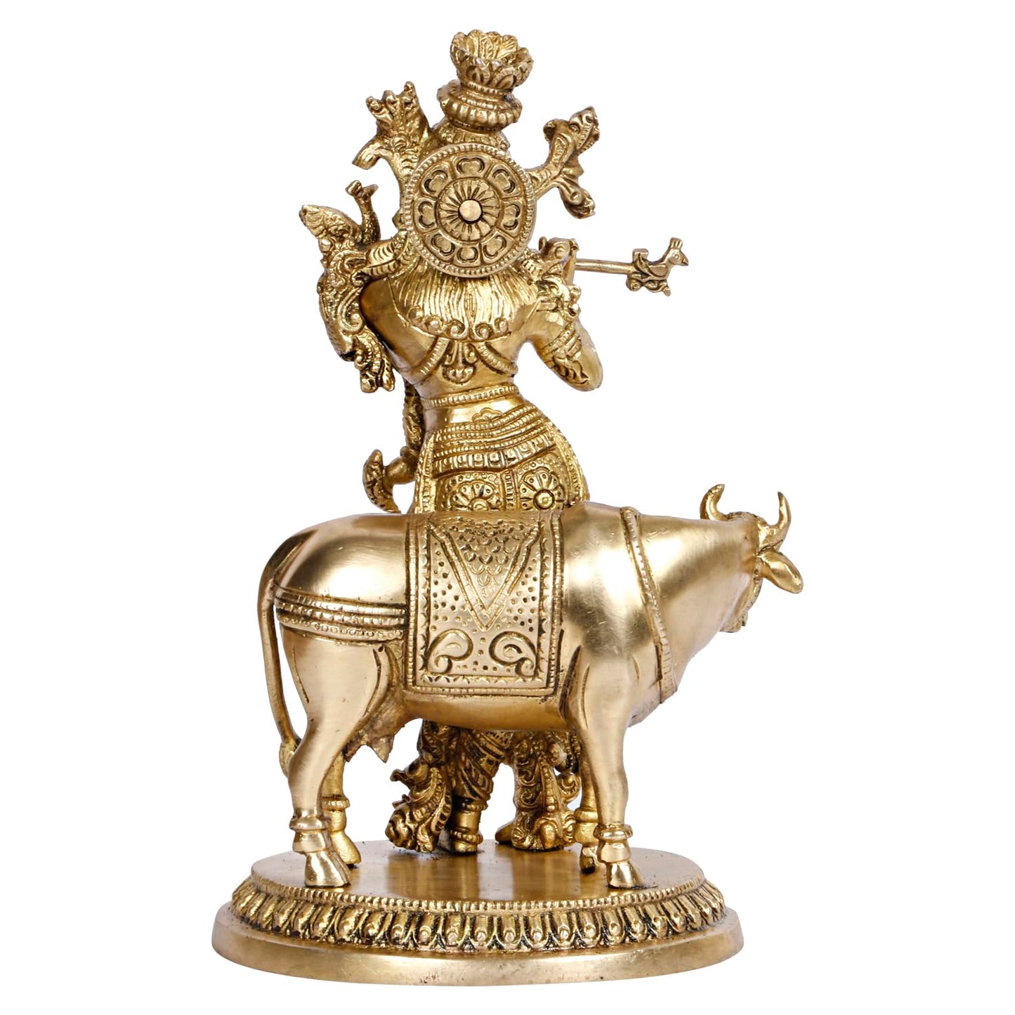 Brass Shri Krishna Idol with Cow Kishan Bhagwan Murti Lord Cow Krishna Statue for Living Room Decor Gold Color 10 Inch - SvarupArt