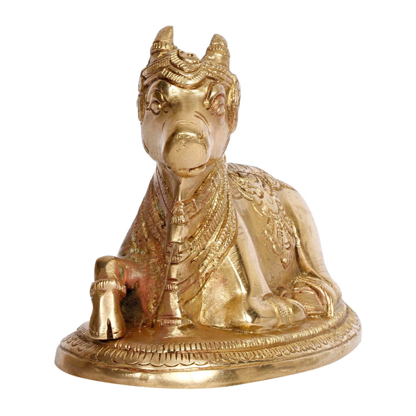 Brass Nandi Shiv Ji Parvati Vehicle Bull Statue Idol Shiva Devotee Puja and Decor 5.5 Inches Gold Color 1 Pcs - SvarupArt