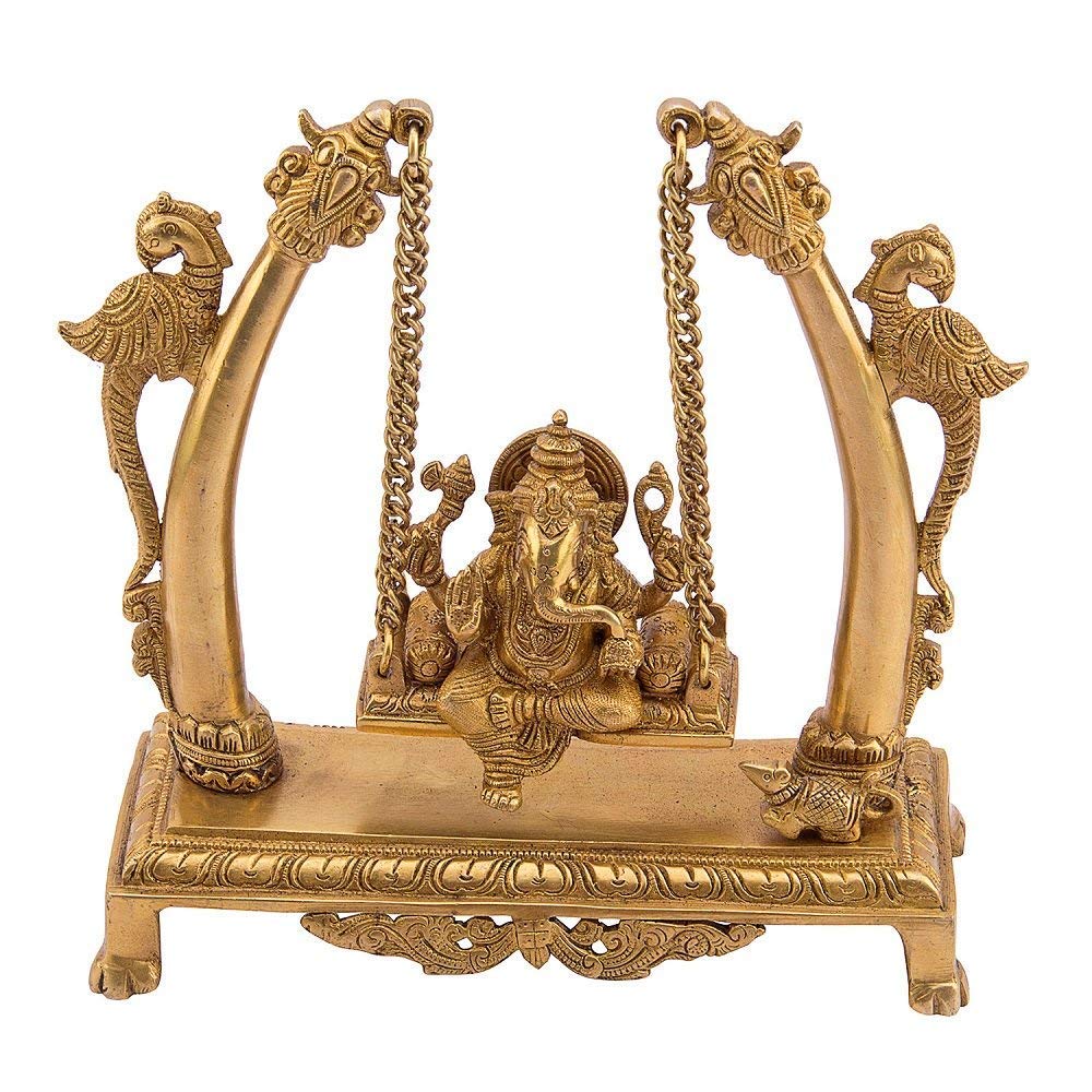 Brass Ganesha on Jhoola Ganesh Swing Home Decor Showpiece Gift Statue 9.5 Inch, Gold 1 Pcs Standard - SvarupArt
