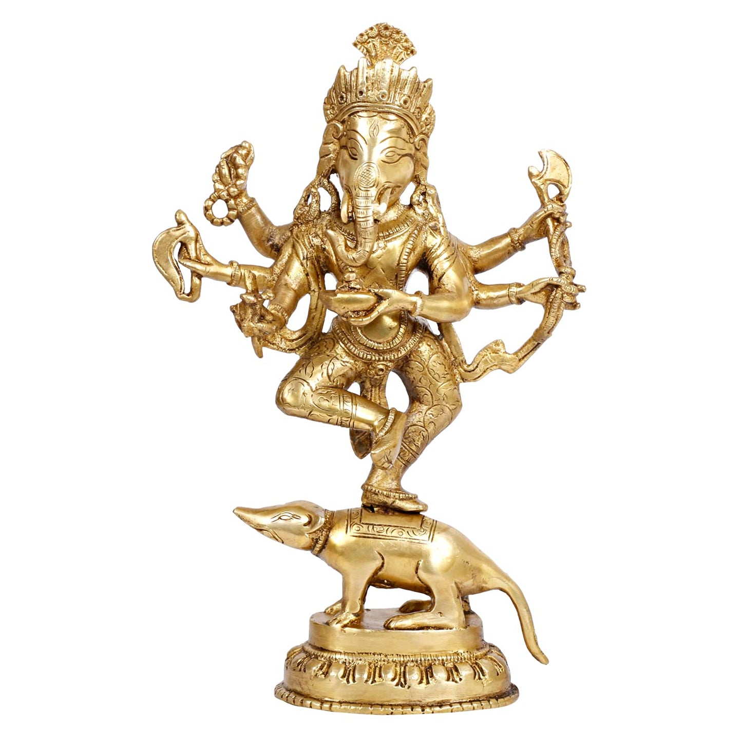 Brass Lord Ganesha Bhagwan Idol Ganesh on Rat Mooshak Ganpati Statue for Home Entrance Living Room Decor Height 12 Inch - SvarupArt