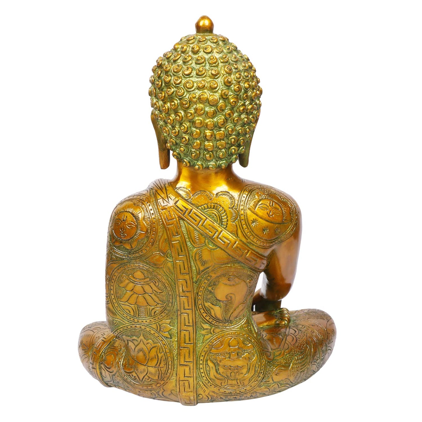 Brass Buddha Idol in Bhumisparsha Mudra Statue Tibetan Buddhist Décor Height 12 Inch Weight 6 Kg Color Golden Green - SvarupArt
