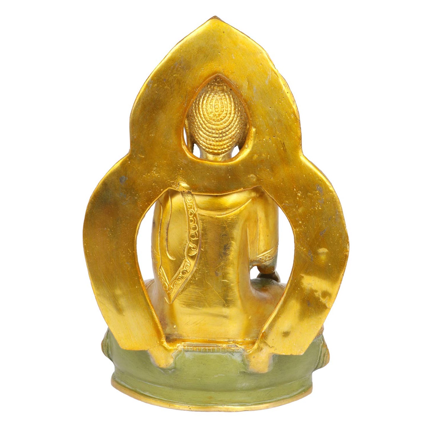 Brass Buddha Idol in Bhumisparsha Mudra Statue Tibetan Buddhist Décor Height 9.5 Inch Weight 2.7 Kg Color Gold and Green - SvarupArt