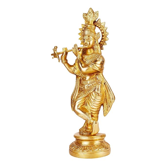 Brass Krishna Bhagwan Idol Murli Kishan Murti Playing Bansuri Gift for Home Mandir Decor Marriage Height 15 Inch - SvarupArt