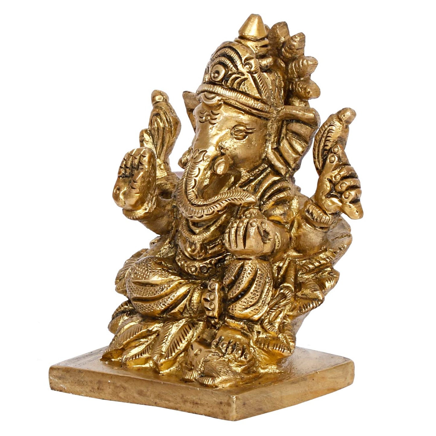 Brass Lord Ganesh Ganpati Sitting On Lotus Ganesha Idol for Puja Home Decor Gift Height 3 inch - SvarupArt