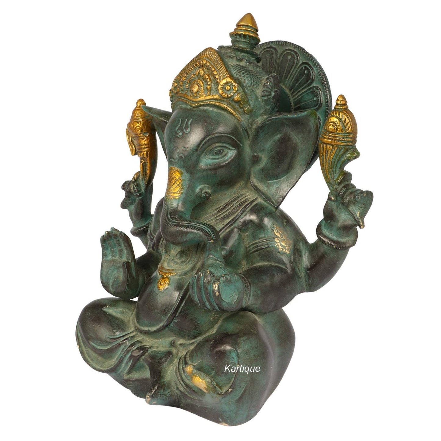 Brass Ganesha Idol for Home Decoration Ganpati Statue Murti for Gift Height 8 Inch Weight 3 Kg Color Green - SvarupArt