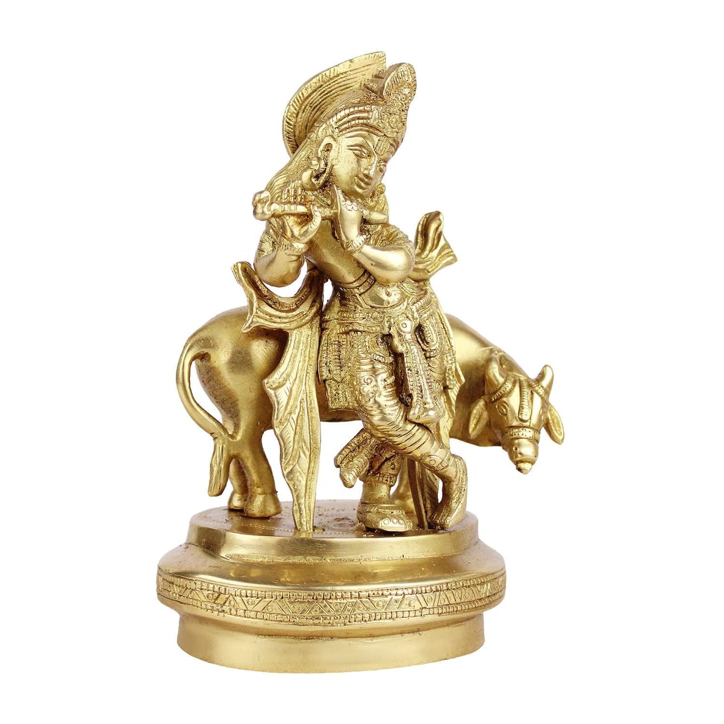 Brass Krishna Idol with Cow Statue Decorative Showpiece for Home Puja Room Living Room Temple Decoration and Gift Item - SvarupArt