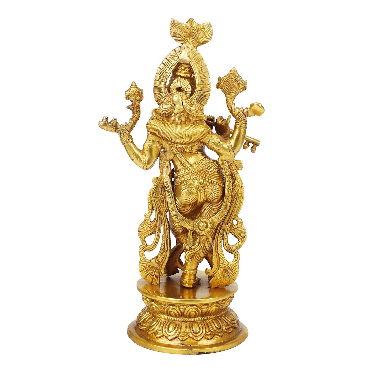 Brass Lord Krishna Statue Krishan Playing Flute Home Decor for Living Room Pooja Gift Item Gold Color Height 12 Inch - SvarupArt