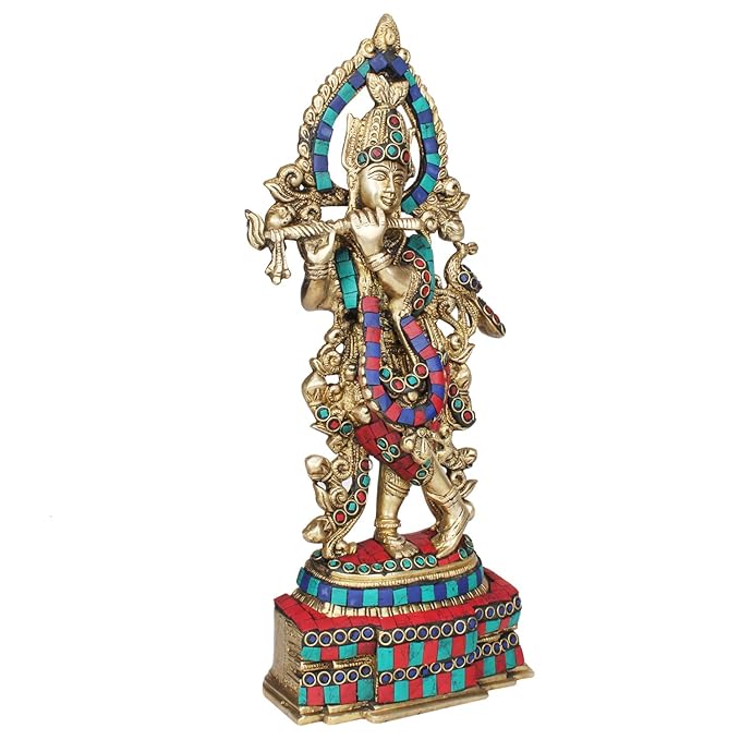 Brass Krishna Bhagwan Idol Murli Kishan Murti Playing Bansuri Gift for Home Mandir Decor Marriage Height 13.7 Inch - SvarupArt