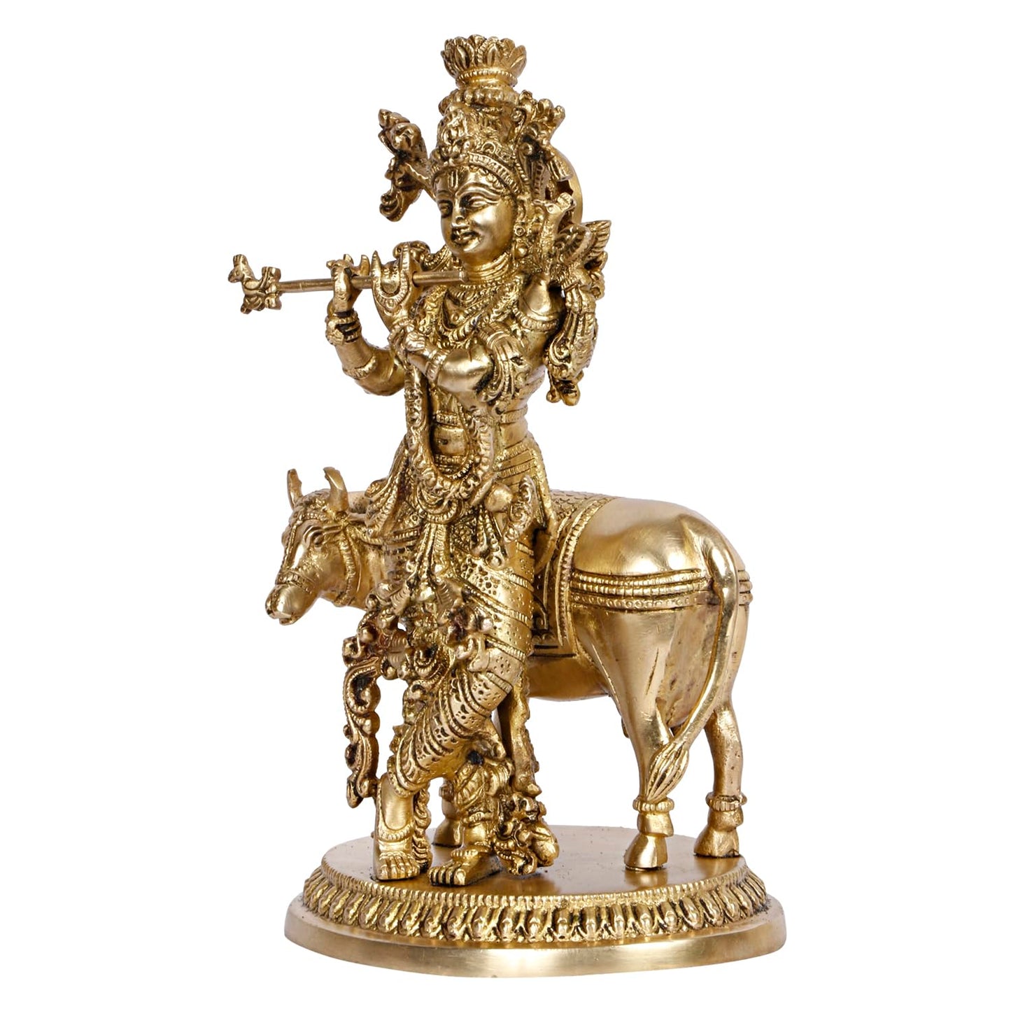 Brass Shri Krishna Idol with Cow Kishan Bhagwan Murti Lord Cow Krishna Statue for Living Room Decor Gold Color 10 Inch - SvarupArt