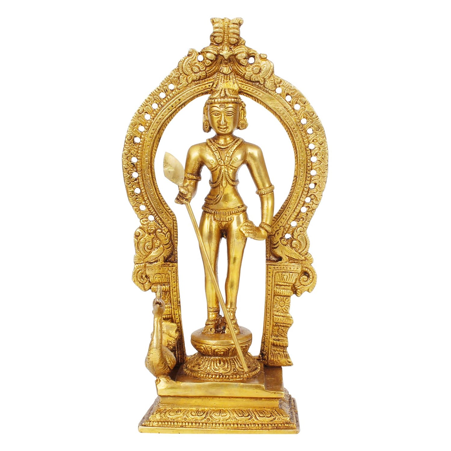 SVARUP Brass Lord Murugan Kartikeya Kumaraswamy Karthikeya with Peacock Idol Swaminatha Murti 10 Inch Gold Color - SvarupArt