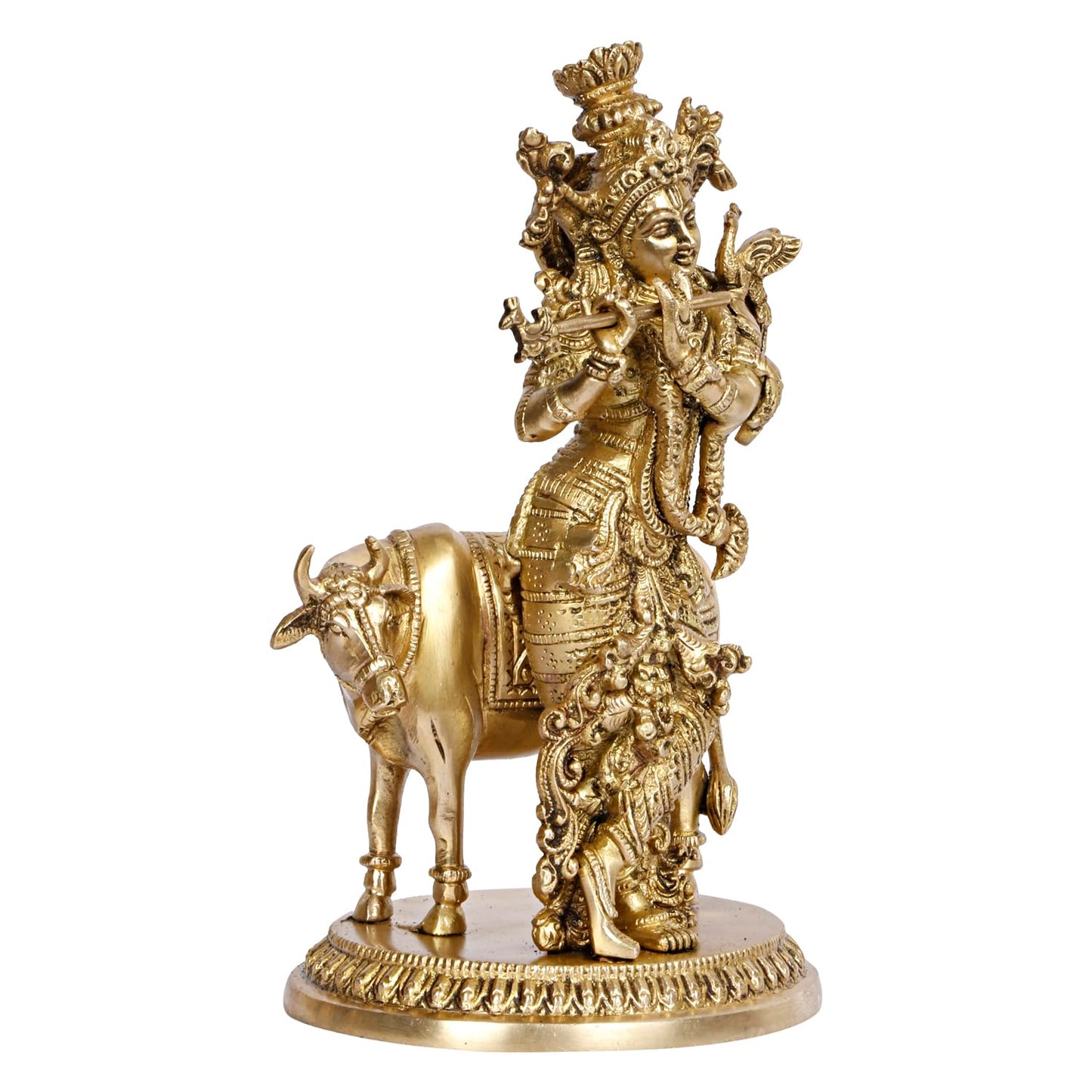 Brass Shri Krishna Idol with Cow Kishan Bhagwan Murti Lord Cow Krishna Statue for Living Room Decor Gold Color 10 Inch - SvarupArt