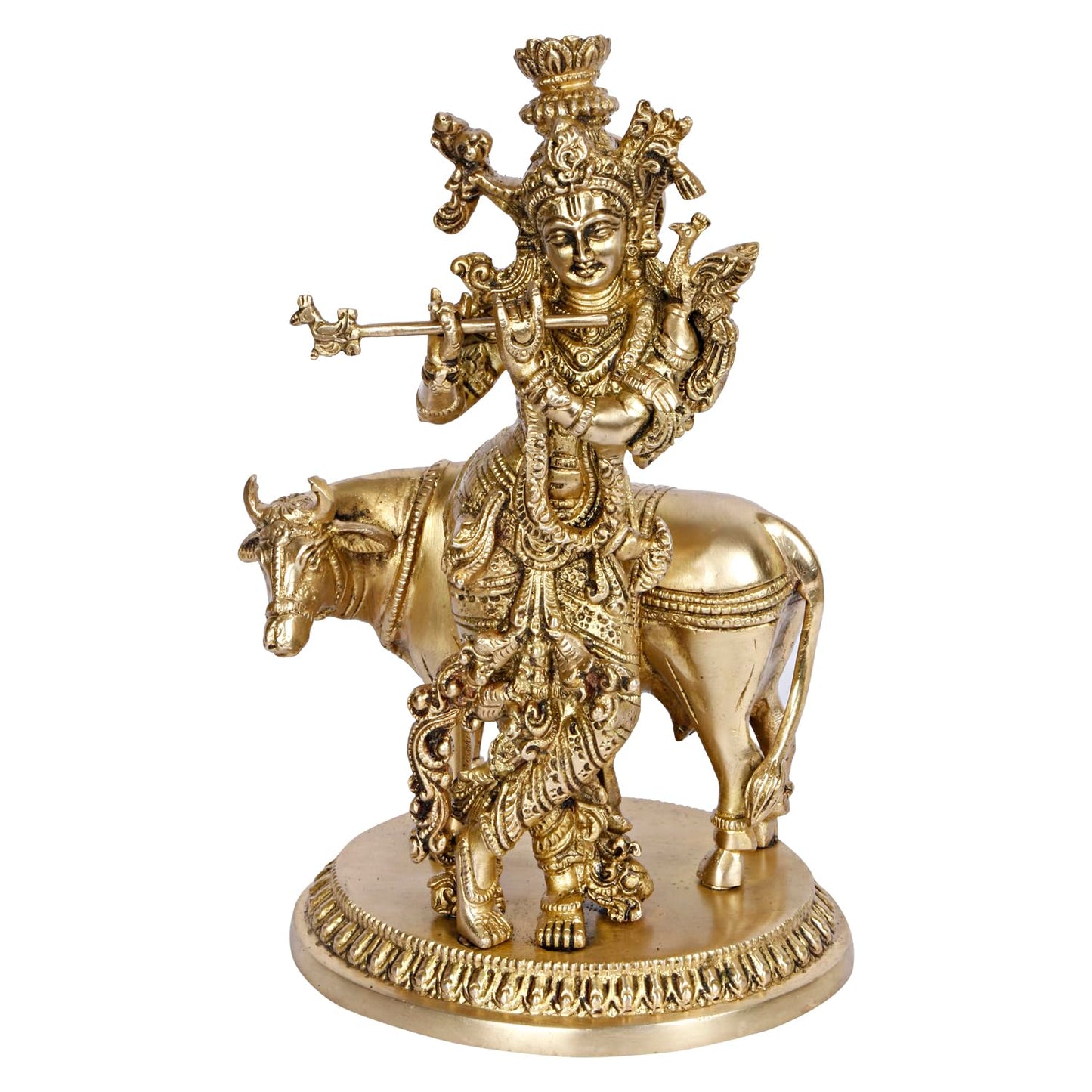 Brass Shri Krishna Idol with Cow Kishan Bhagwan Murti Lord Cow Krishna Statue for Living Room Decor Gold Color 10 Inch - SvarupArt