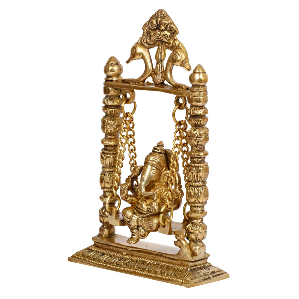 Brass Ganesha On Jhoola Swing Ganpati Showpiece Handcrafted Brass Ganesh Statue 9 Inch - SvarupArt