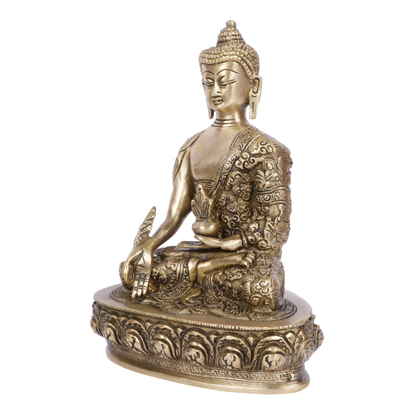 Brass Buddha Idol in Bhumisparsha Mudra Statue Tibetan Buddhist Décor Height 9.5 Inch Weight 2.7 Kg Color Antique Gold - SvarupArt
