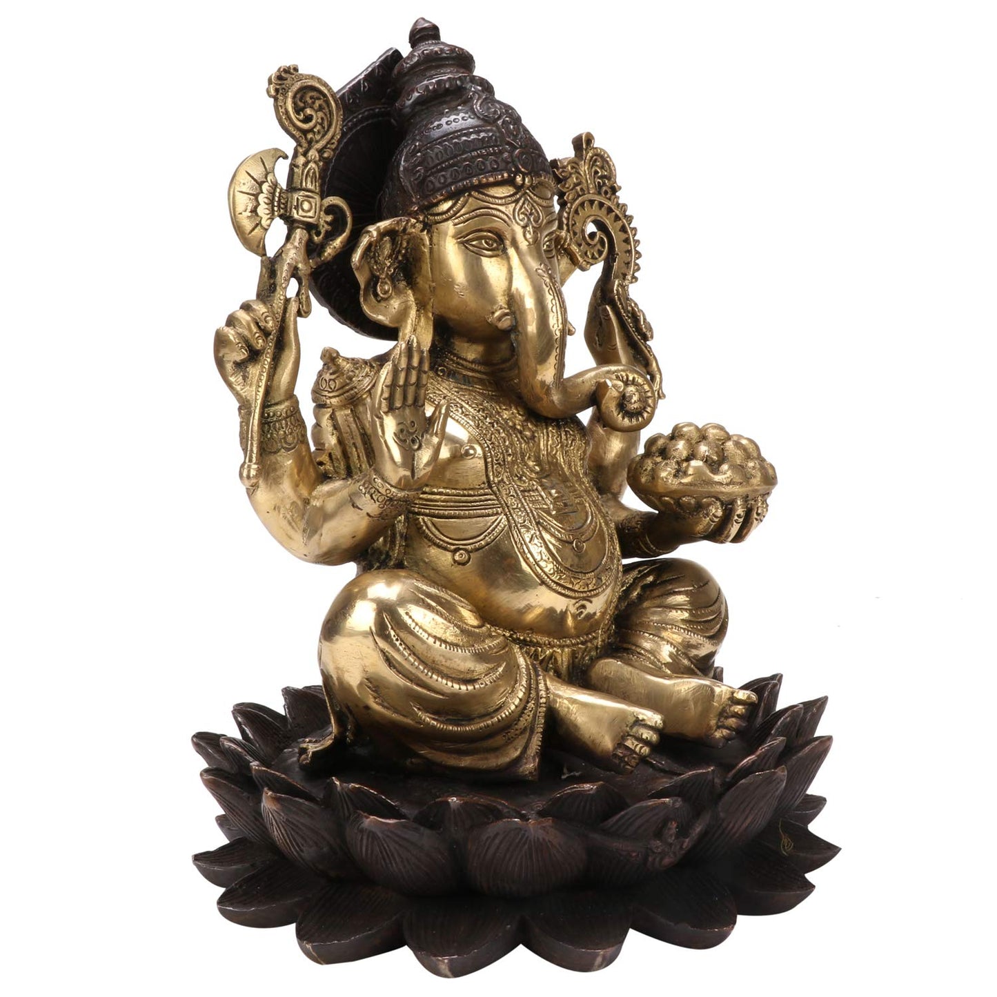 Brass Mangalkari Ganesha Sitting On Lotus Bhagwan Idol Ganesh Statue Ganpati Murti for Home Entrance Decor Diwali Gift - SvarupArt