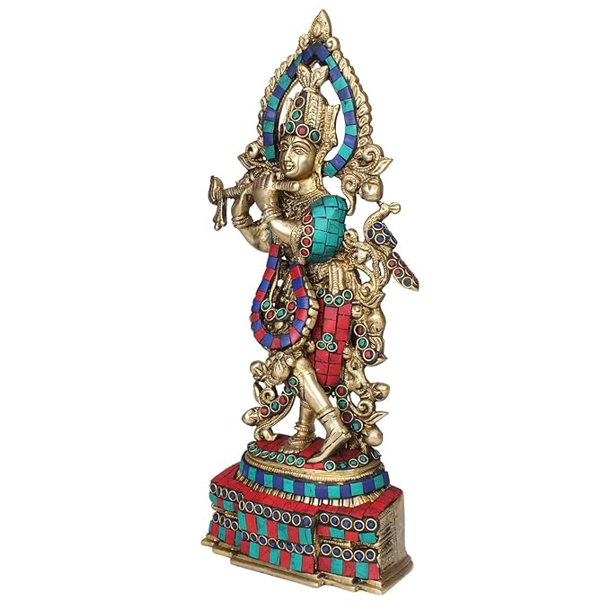 Brass Krishna Bhagwan Idol Murli Kishan Murti Playing Bansuri Gift for Home Mandir Decor Marriage Height 13.7 Inch - SvarupArt