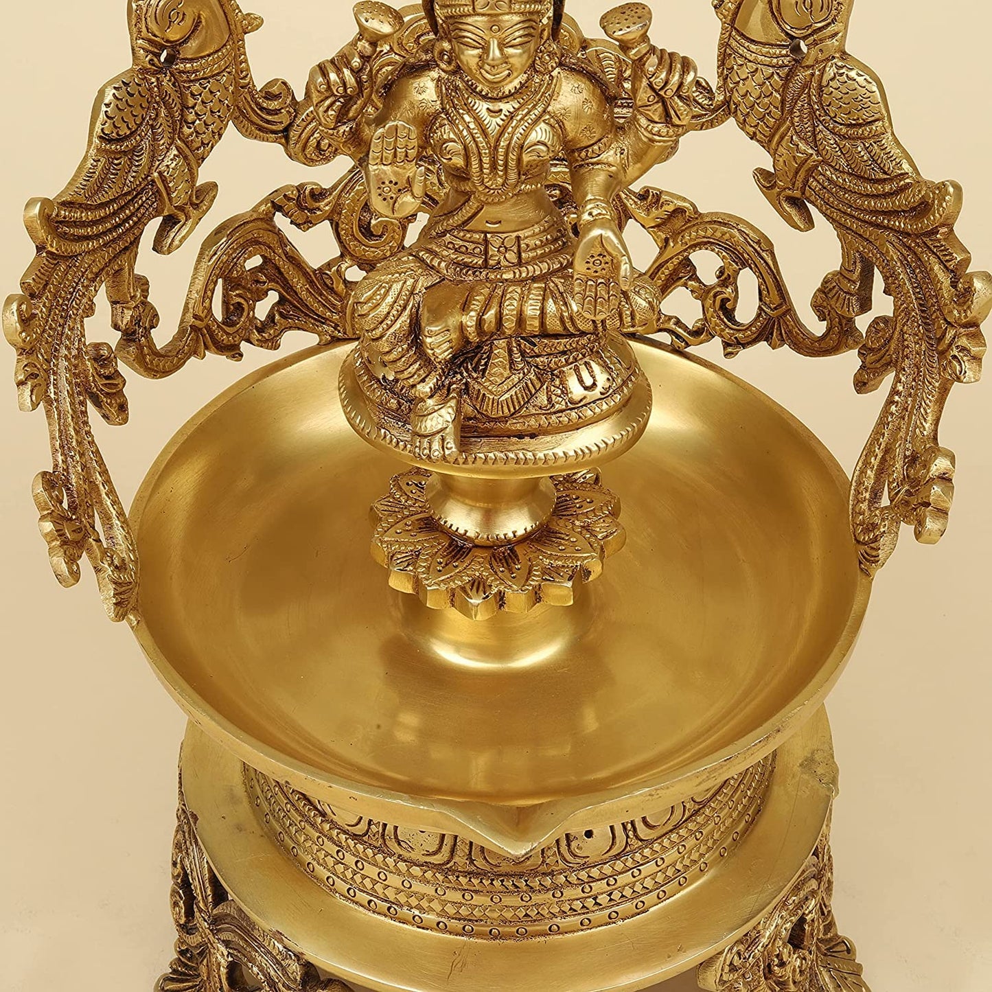 13.5 Inch Gold Color Brass Laxmi Ganesh Oil Lamp Diya Deepam: Ideal for Temple Aarti, Deepak Pooja, and Jyot Lighting - SvarupArt