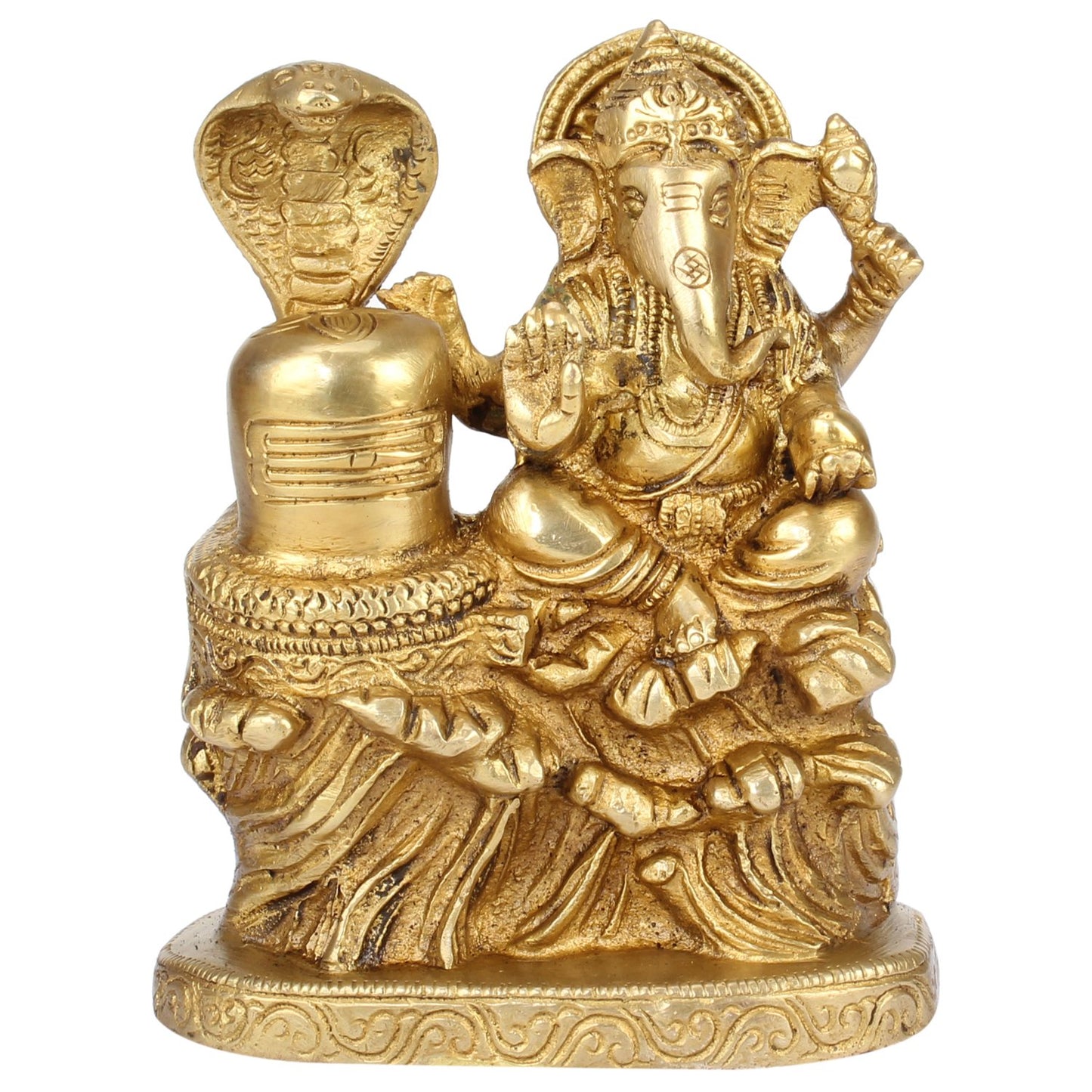 Brass Ganesh Ji with Shivling Ganesha with Shiva Shivling Ganpati Murti Idol Statue Sculpture 5" Inches - SvarupArt