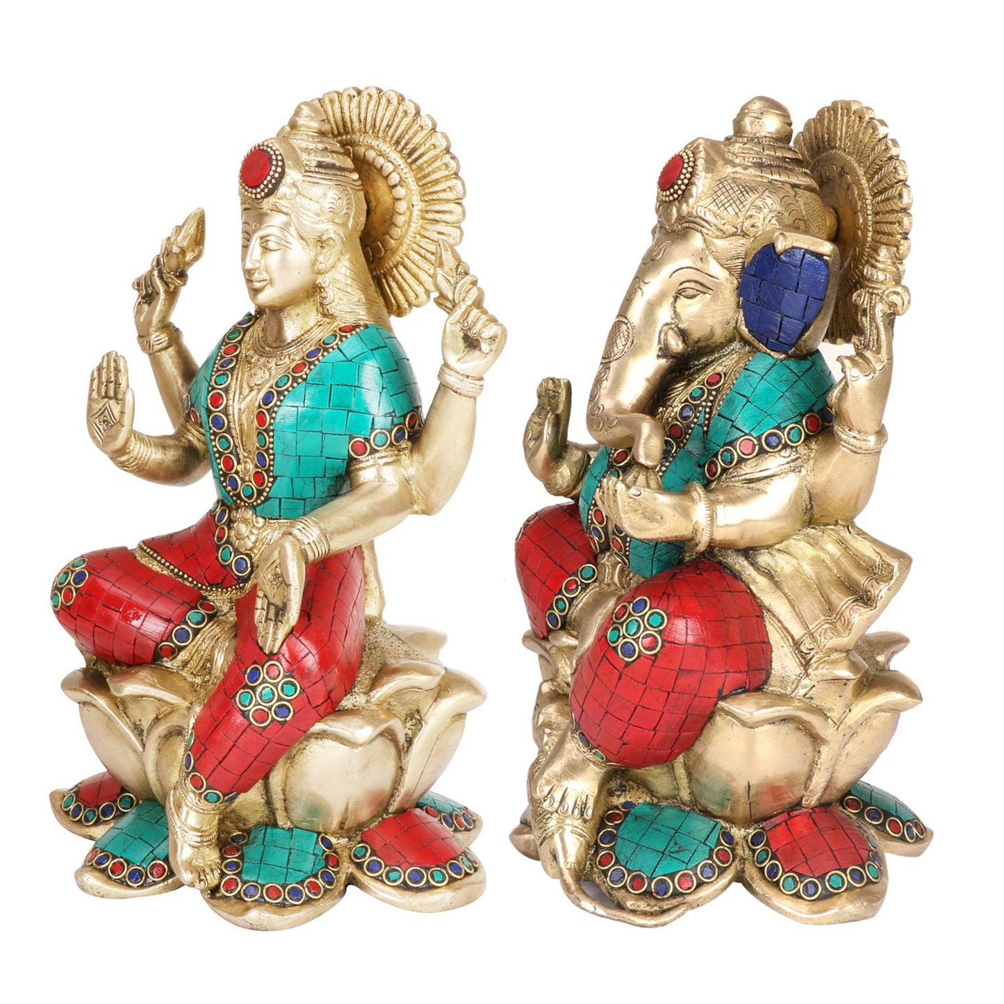 Brass Lakshmi Ganesha Sitting on Lotus Laxmi Ganesh Idol for Diwali Pooja Home Decor (Height 10 inch Multicolor) - SvarupArt