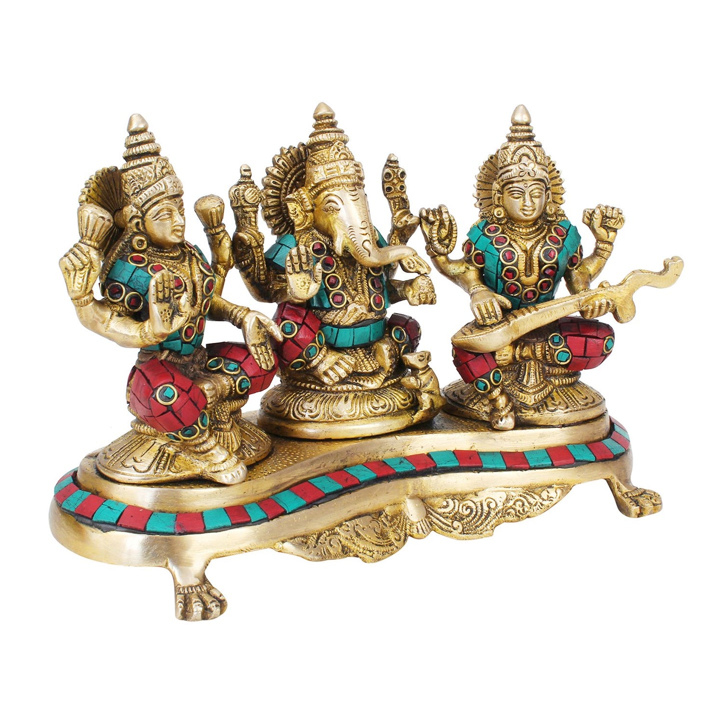 Brass Goddess Lakshmi laxmi Ganesha Ganesh and Saraswati Idol for Diwali Pooja Home Decor Multicolor (Height 6 inch - SvarupArt