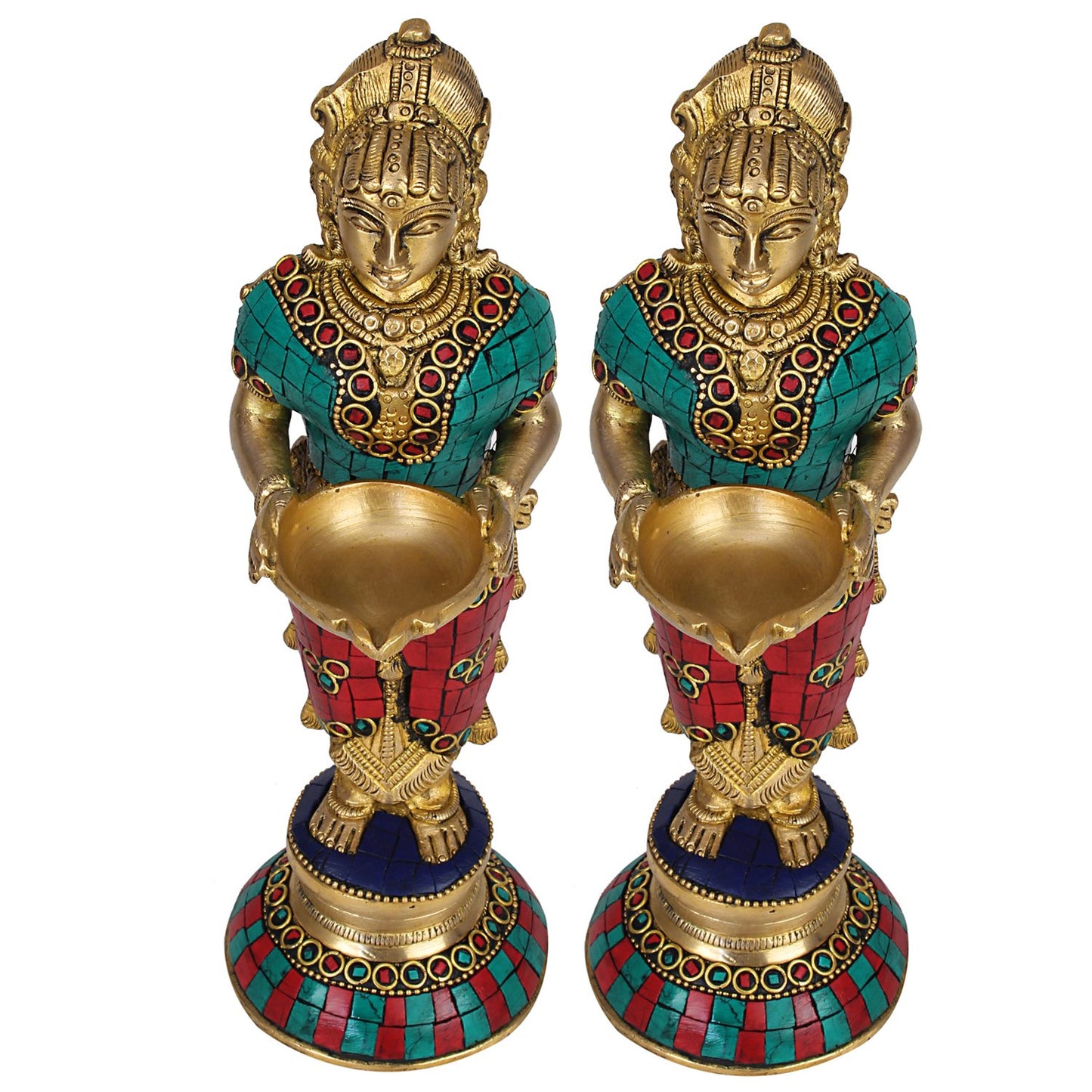 Brass Deep Lakshmi Idols Diya Lady Depa Laxmi Lady Standing with Lamps, Deeplakshmi, Deep Laxmi Set of 2 Multicolor - SvarupArt