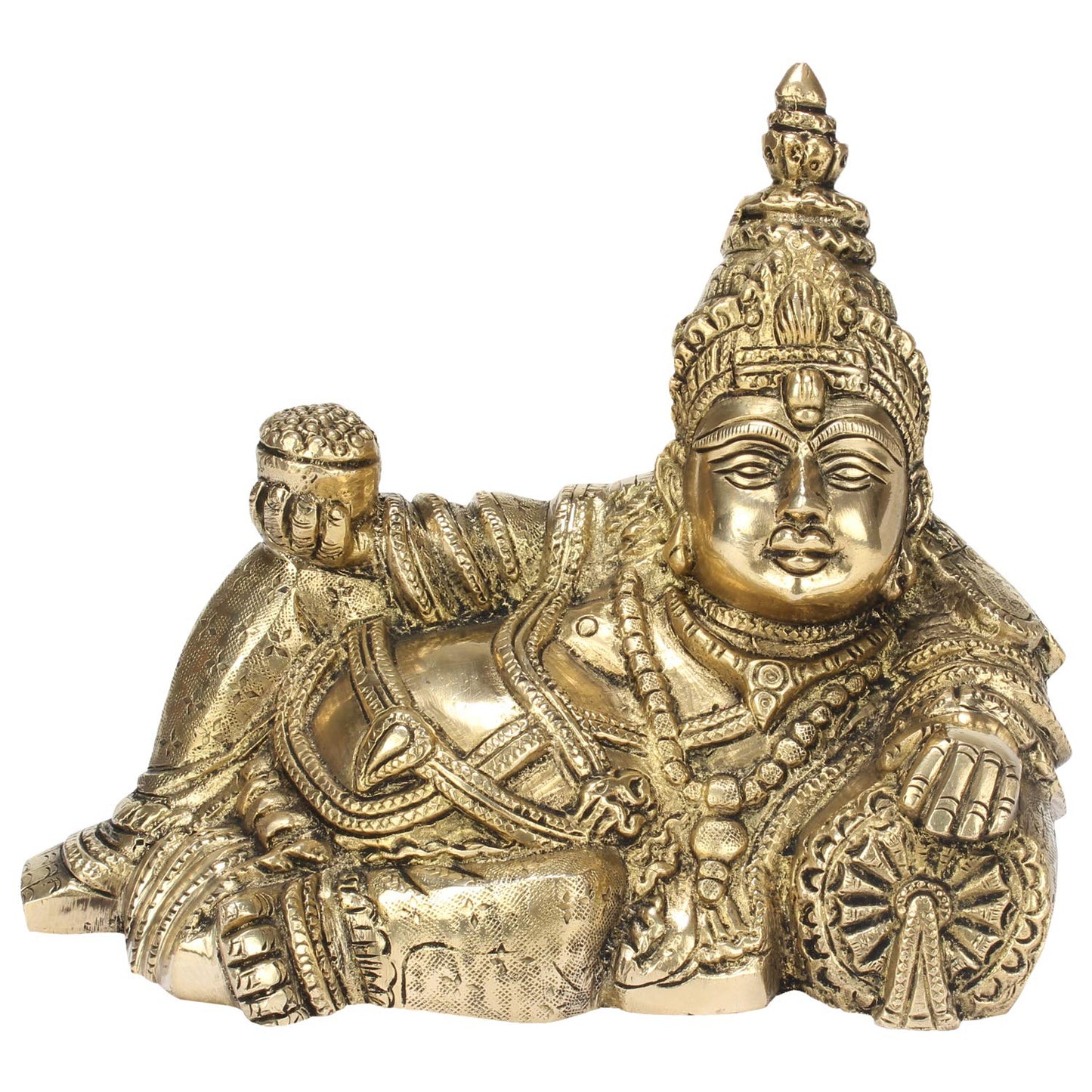 Brass Kuber Maharaj Statue Yantra Vastu Remedy Shri Kubera Resting Idol for Good Luck Money Gold Color 7 Inch. - SvarupArt