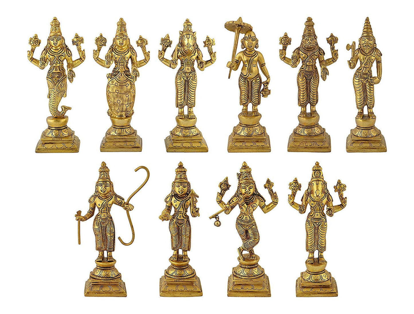 Brass Dashavatara Dasavatharam of Lord Vishnu Statues Ten Incarnations Avatars Idol Murti for Mandir Puja Temple - SvarupArt