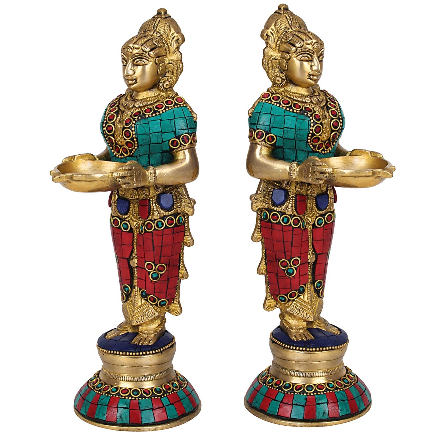 Brass Deep Lakshmi Idols Diya Lady Depa Laxmi Lady Standing with Lamps, Deeplakshmi, Deep Laxmi Set of 2 Multicolor - SvarupArt