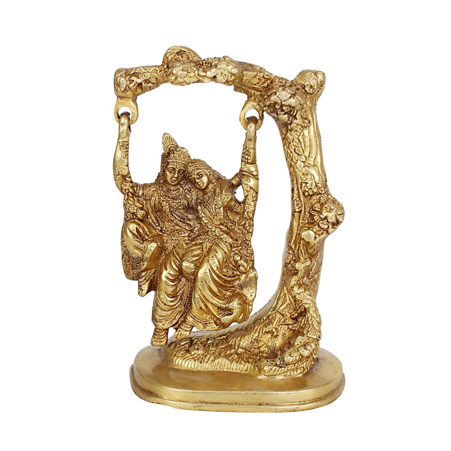 Brass Radha Krishna Sitting On Jhula Swing Krishan Idol for Puja Murti Decor Gift Height 6.5 Inches - SvarupArt