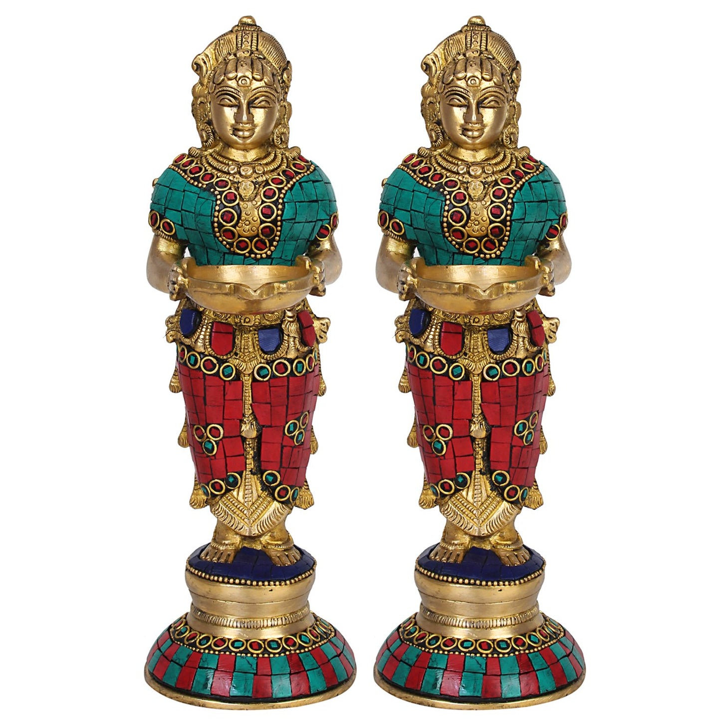 Brass Deep Lakshmi Idols Diya Lady Depa Laxmi Lady Standing with Lamps, Deeplakshmi, Deep Laxmi Set of 2 Multicolor - SvarupArt