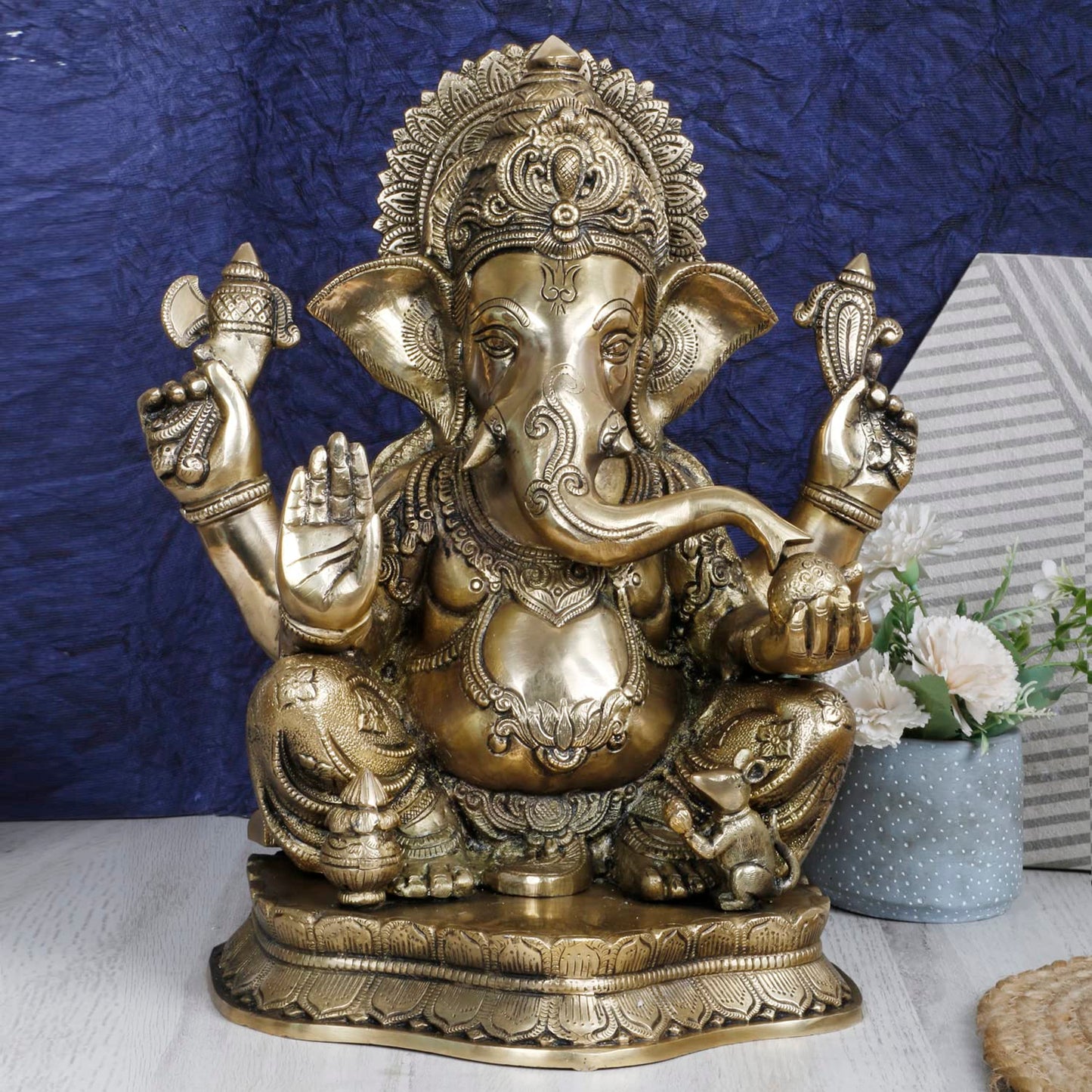 Brass Ganesha Idol for Puja Home Decoration Ganpati Statue Murti for Gift Height 16 Inch Weight 14 Kg Color Antique Gold - SvarupArt
