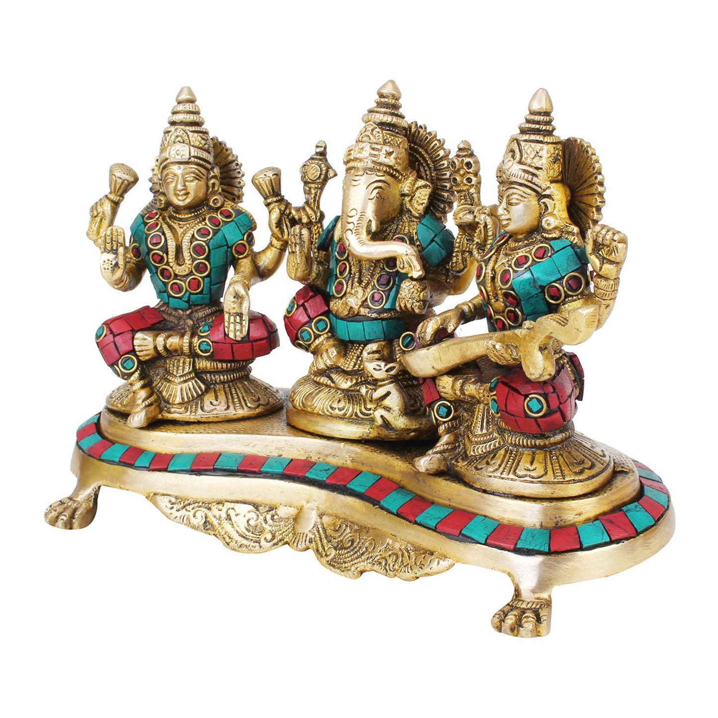 Brass Goddess Lakshmi laxmi Ganesha Ganesh and Saraswati Idol for Diwali Pooja Home Decor Multicolor (Height 6 inch - SvarupArt