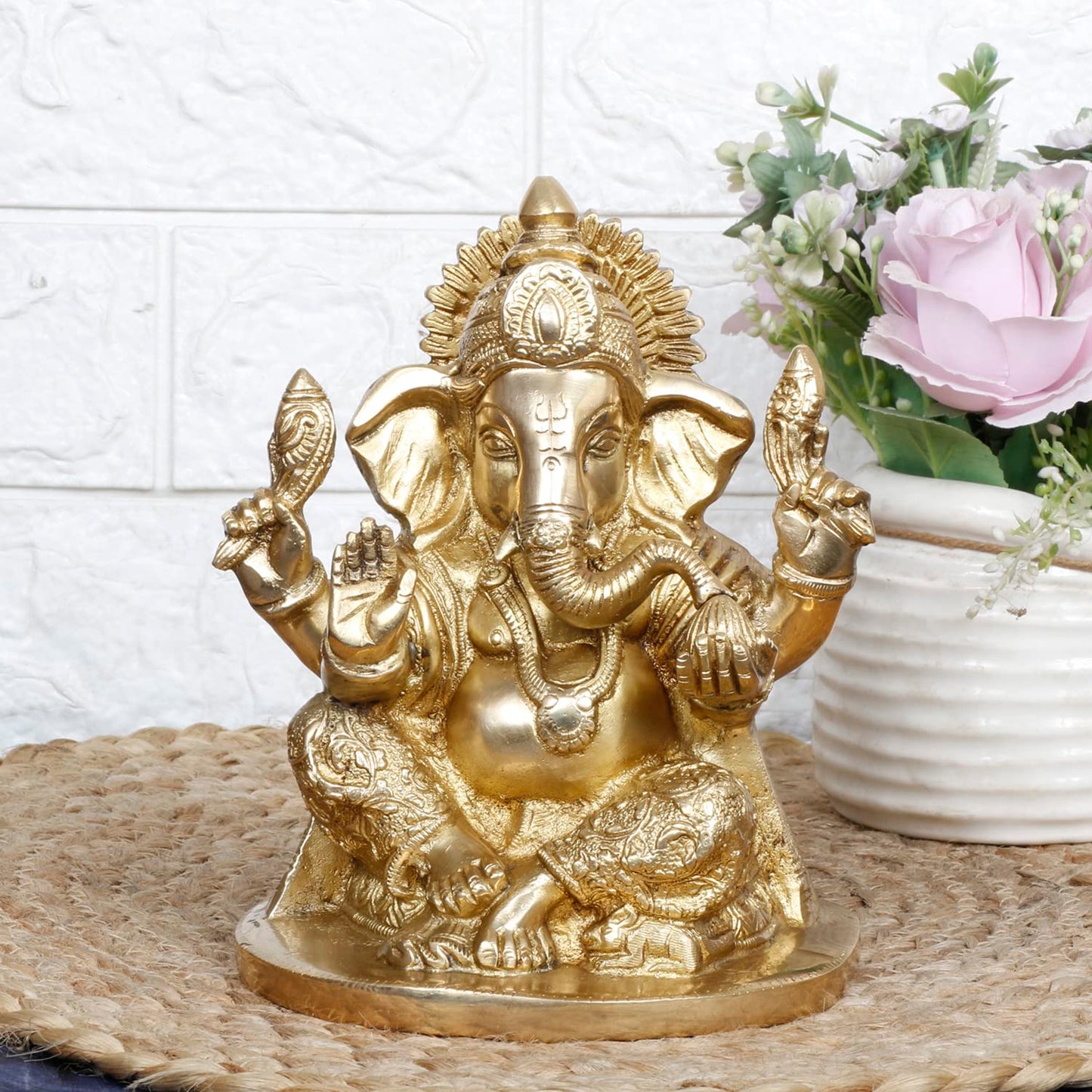 Brass Ganesh Bhagwan Idol Ganesha Statue Ganpati Murti for Home Entrance Decor Diwali Gift 7 Inch - SvarupArt