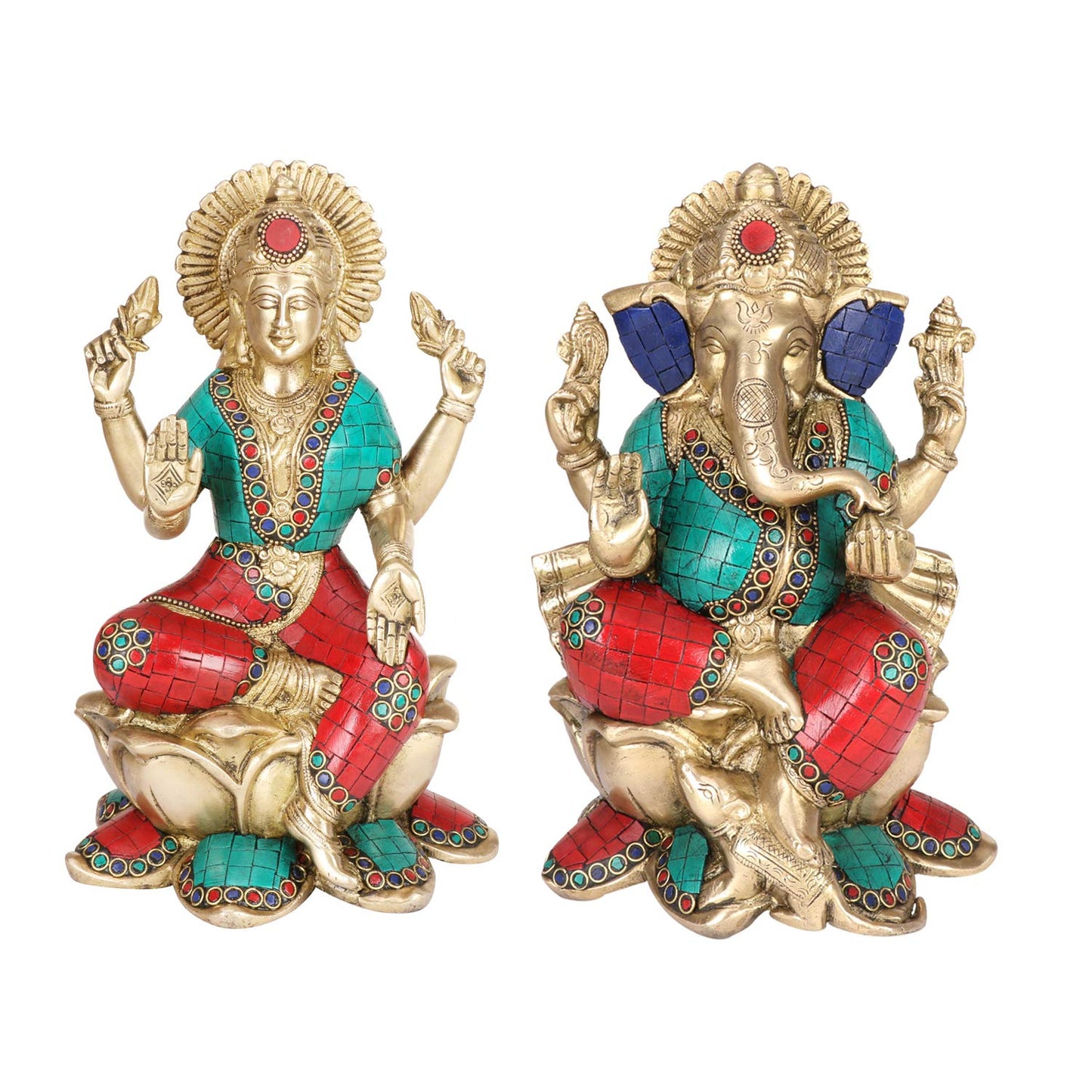 Brass Lakshmi Ganesha Sitting on Lotus Laxmi Ganesh Idol for Diwali Pooja Home Decor (Height 10 inch Multicolor) - SvarupArt
