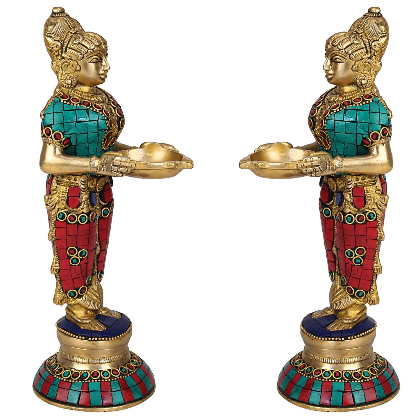 Brass Deep Lakshmi Idols Diya Lady Depa Laxmi Lady Standing with Lamps, Deeplakshmi, Deep Laxmi Set of 2 Multicolor - SvarupArt