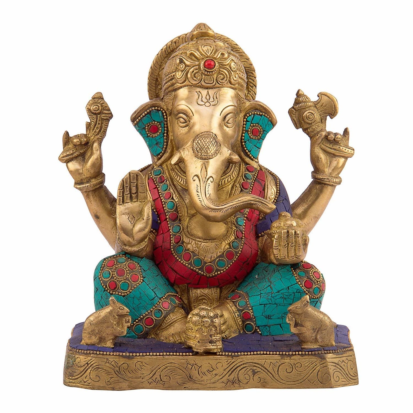 Brass Ganesha Idol for Home Decoration Ganpati Statue Murti for Gift Height 8.5 Inch Weight 4 Kg Color Multicolor - SvarupArt