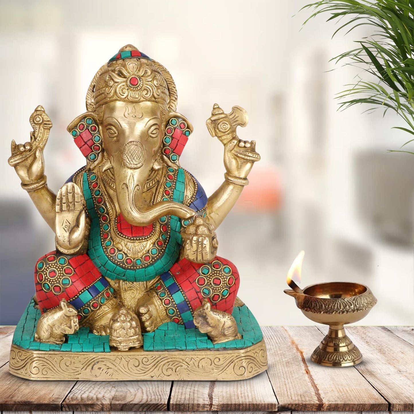 Brass Ganesha Idol for Home Decoration Ganpati Statue Murti for Gift Height 8.5 Inch Weight 4.7 Kg Color Multicolor - SvarupArt