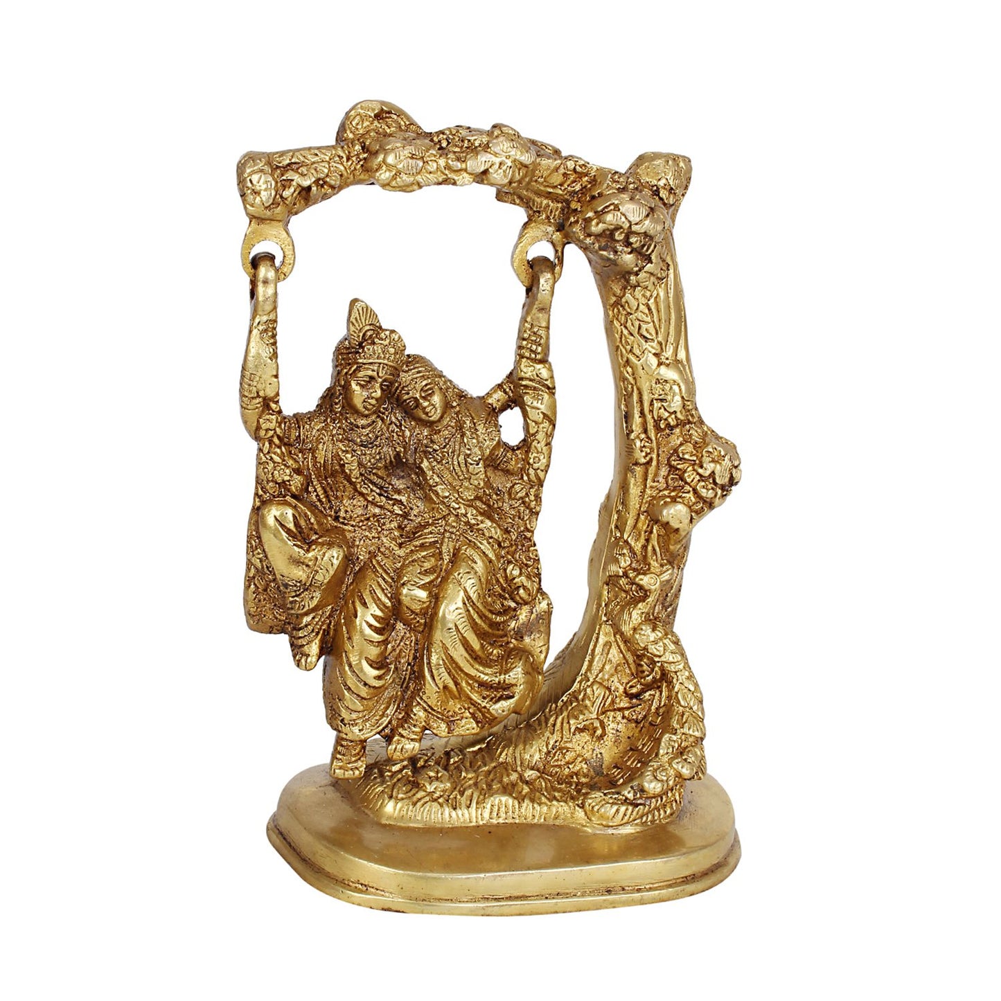 Brass Radha Krishna Sitting On Jhula Swing Krishan Idol for Puja Murti Decor Gift Height 6.5 Inches - SvarupArt