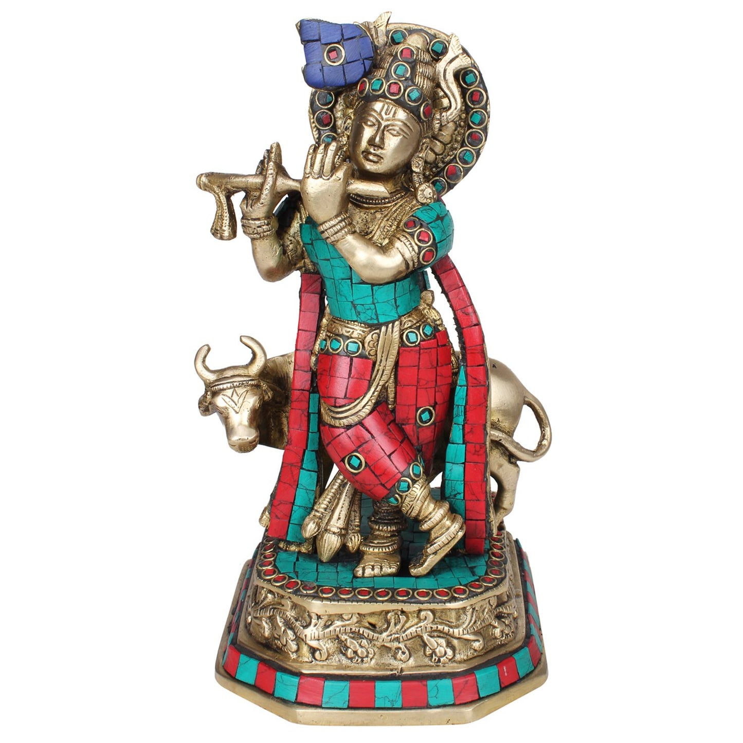 Brass Shri Krishna Idol with Cow Kishan Bhagwan Murti Lord Krishna Cow Statue Height 10 Inch Weight 2.7 Kg Multicolor - SvarupArt