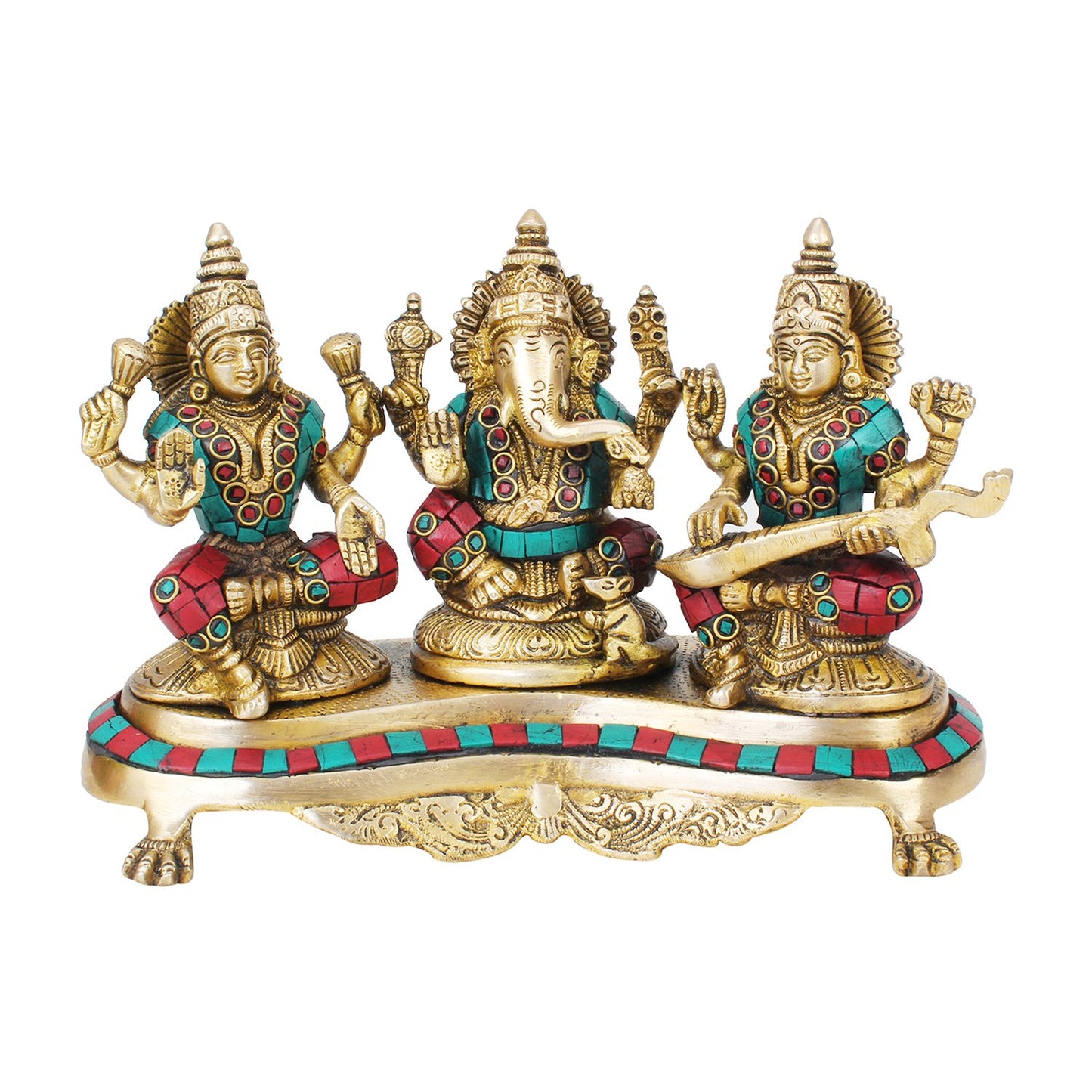 Brass Goddess Lakshmi laxmi Ganesha Ganesh and Saraswati Idol for Diwali Pooja Home Decor Multicolor (Height 6 inch - SvarupArt