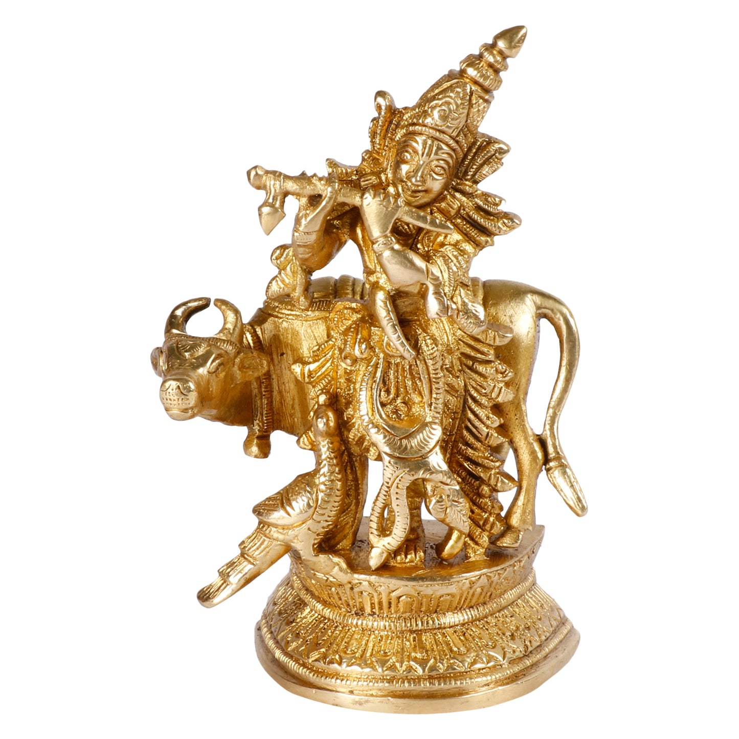 Brass Krishna Bhagwan Idol with Gau Mata in Gold Color Height 5 Inch - SvarupArt