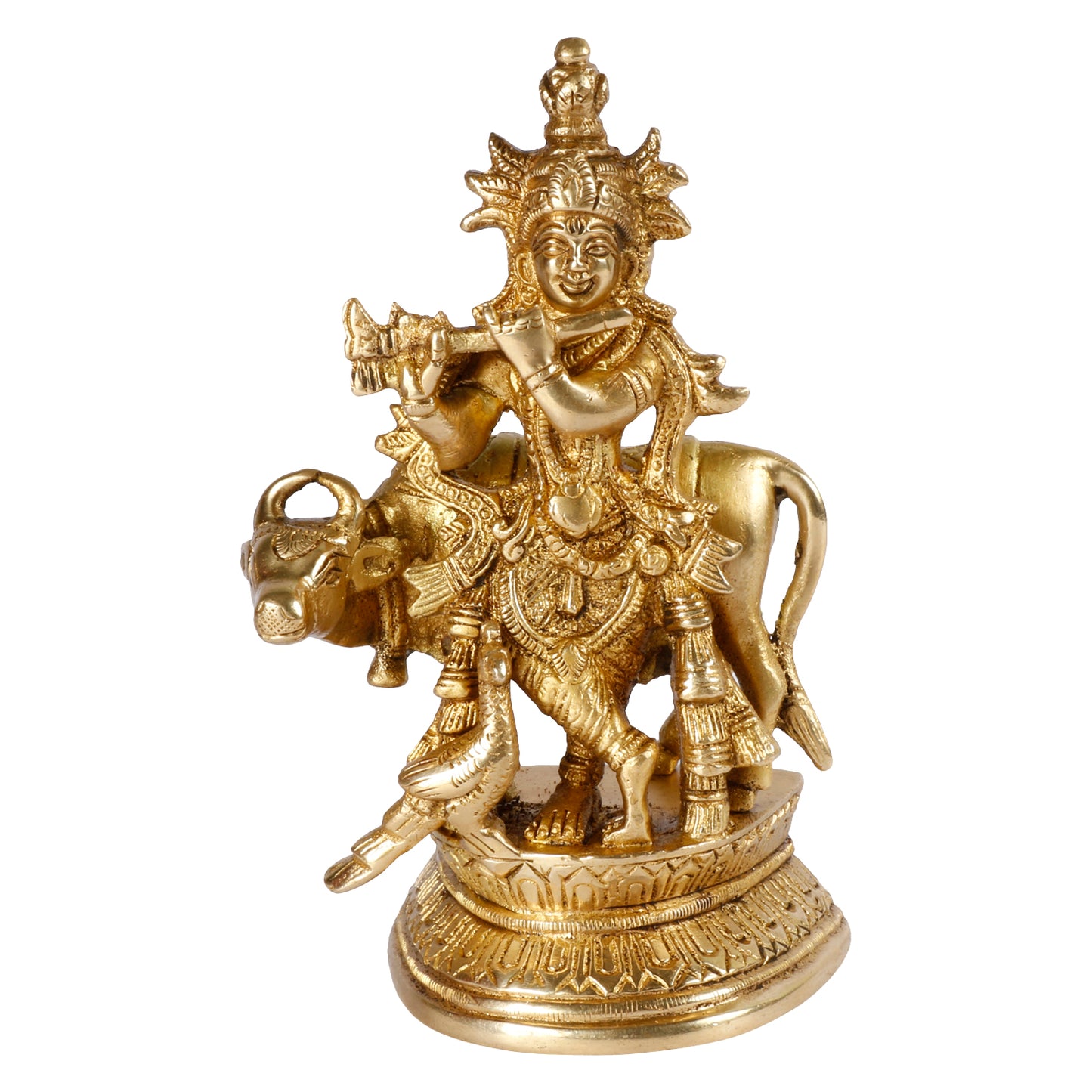 Brass Krishna Bhagwan Idol with Gau Mata in Gold Color Height 5.5 Inch - SvarupArt