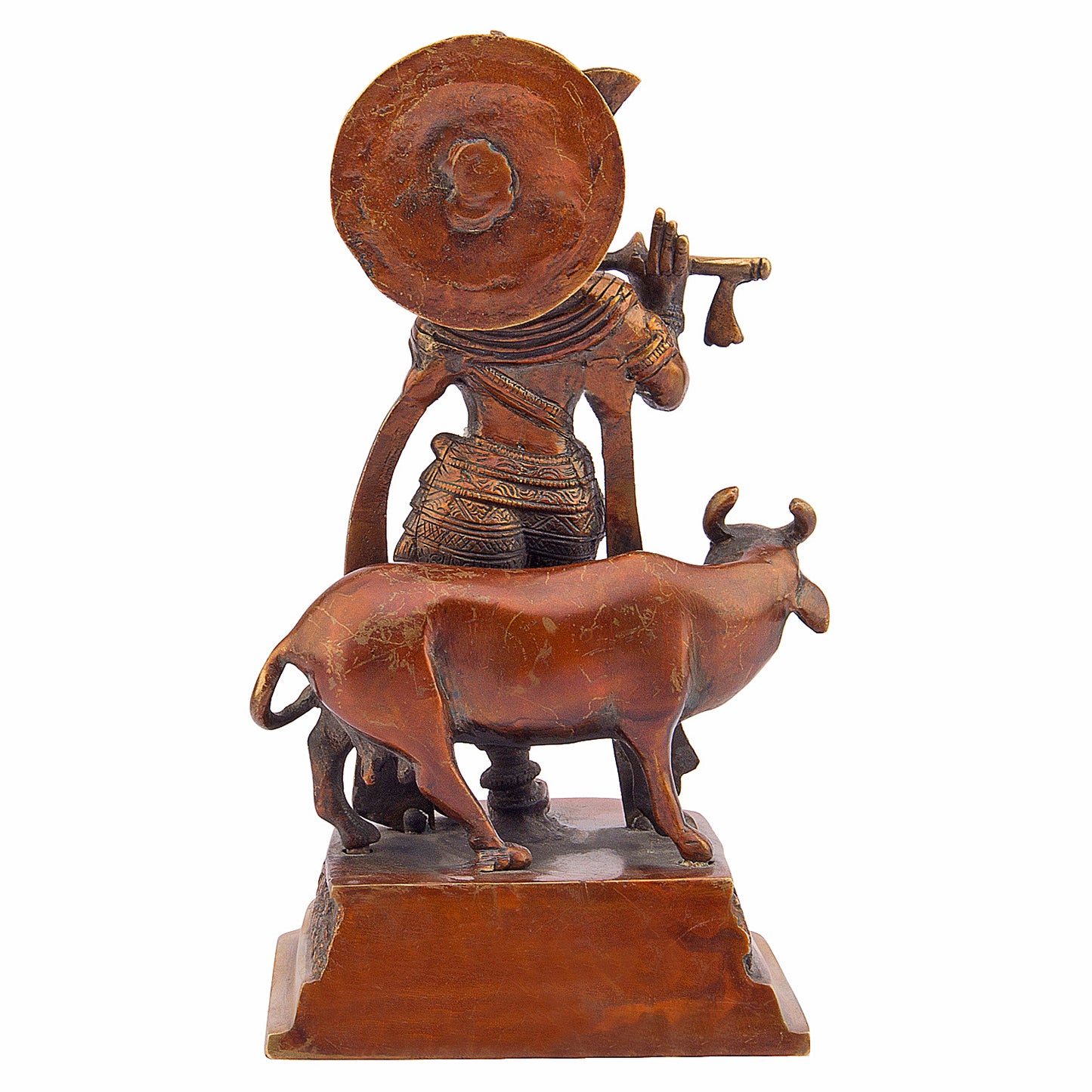 Brass Krishna Bhagwan Idol with Gau Mata in Bronze Color Height 5.5 Inch - SvarupArt