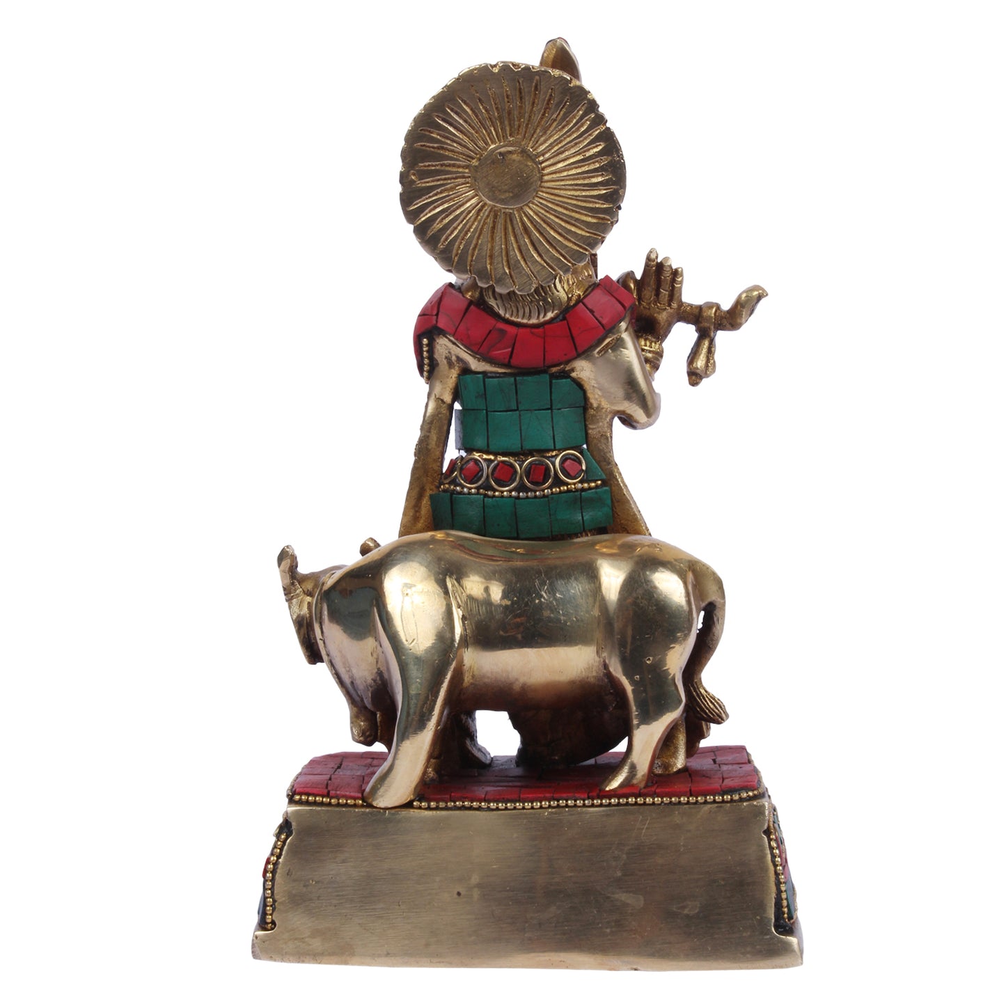 Brass Krishna Bhagwan with Gau Mata in Multi Color Height 8 Inch - SvarupArt