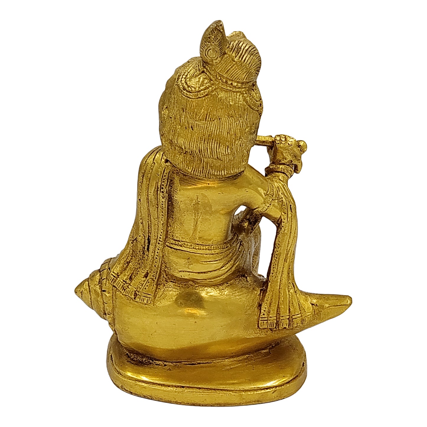 Brass Krishna Seated on Shankh, Flute in Hand, Golden Finish - SvarupArt