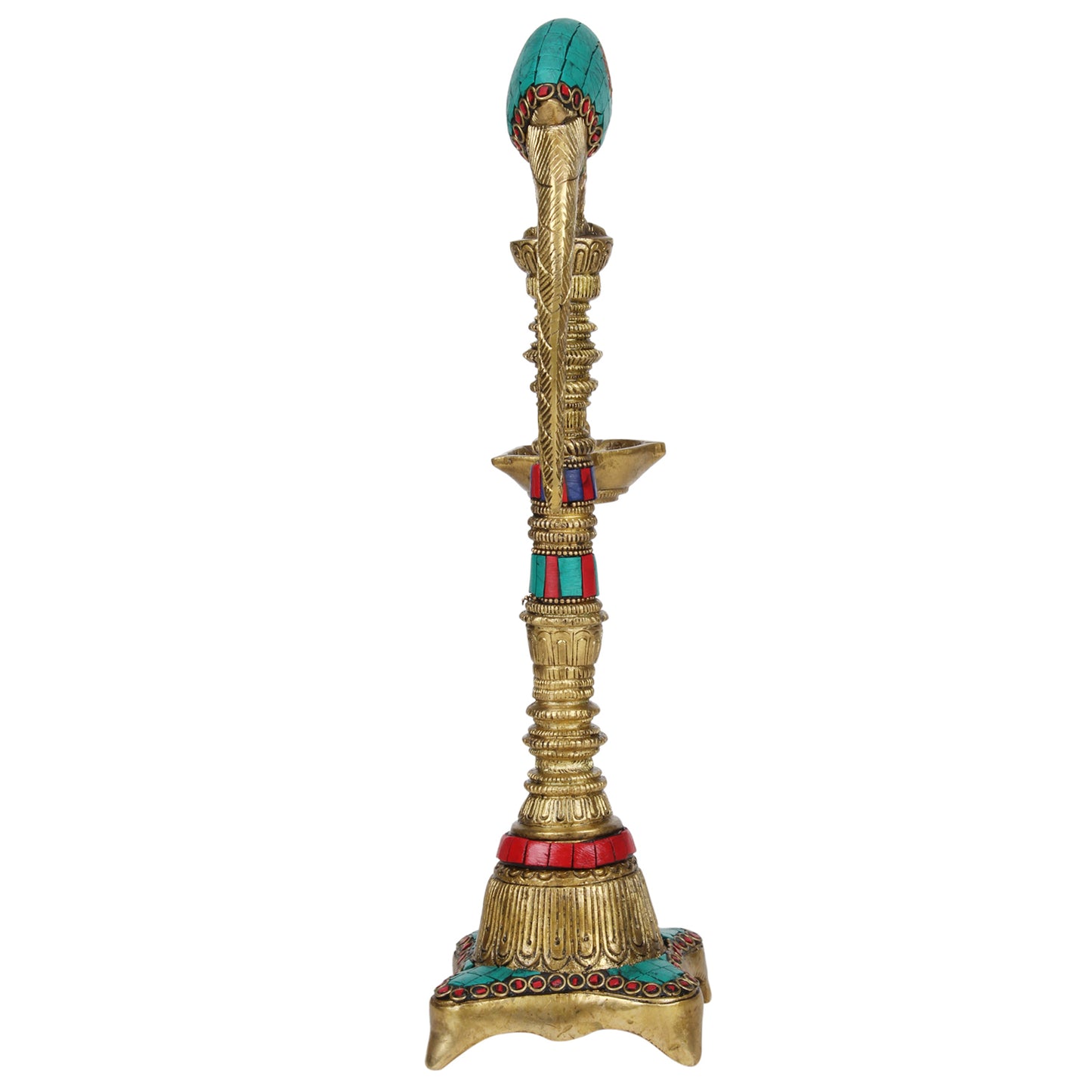 1-Foot High Brass Parrot Diya with Colored Stone: Ideal for Puja Room & Feng Shui Gift - SvarupArt