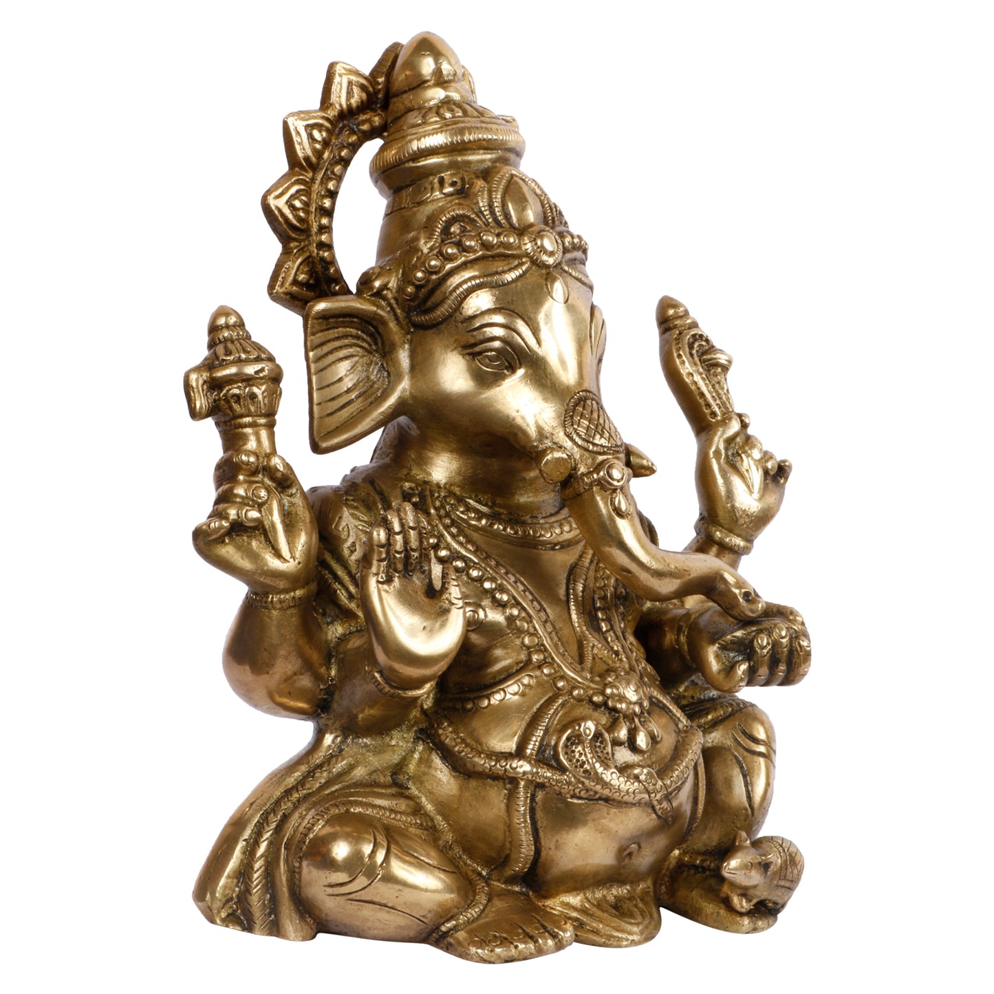 Brass Sitting Ganesha Idol In Gold Color Height 7.5 Inch Weight 1.6 Kg - SvarupArt