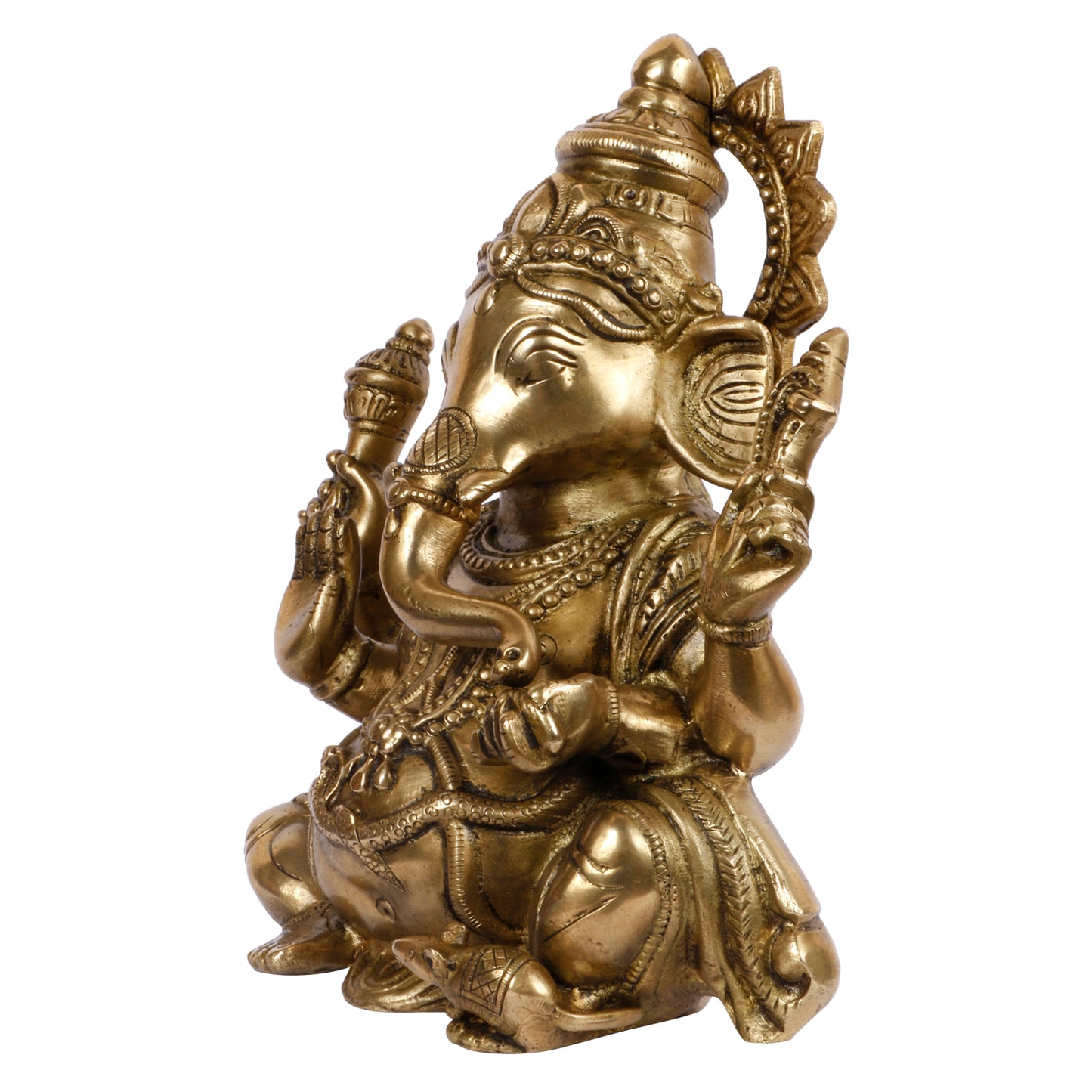 Brass Sitting Ganesha Idol In Gold Color Height 7.5 Inch Weight 1.6 Kg - SvarupArt