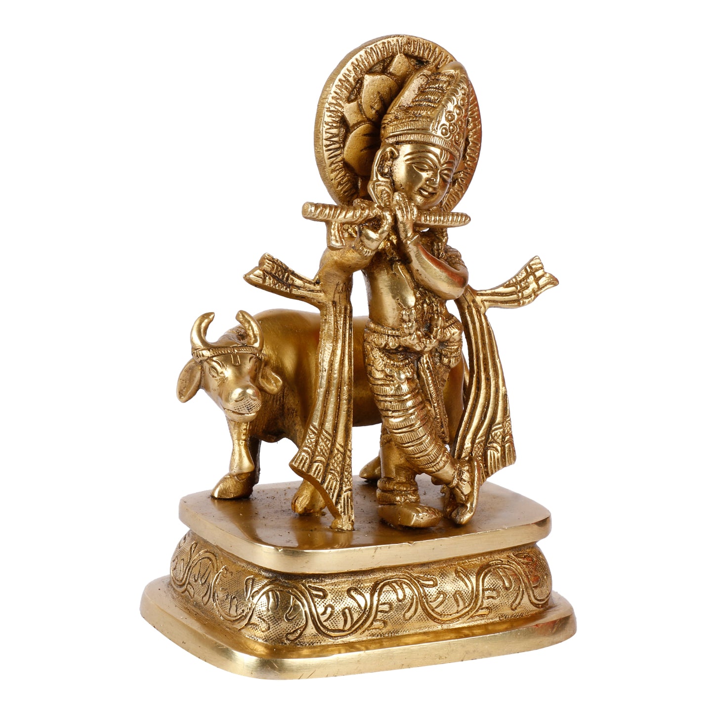 Brass Krishna Bhagwan Idol with Gau Mata in Gold Color Height 6.5 Inch - SvarupArt